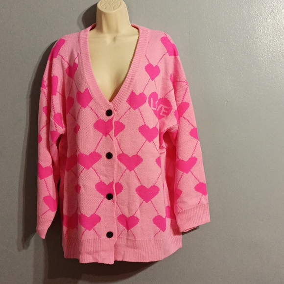 Shein Plus pink with pink  heart pattern drop shoulder cardigan duster s… - Picture 6 of 17